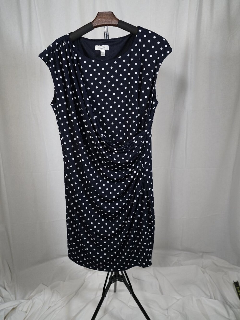 Dressbarn Navy Polka Dot Draped Dress Size 16 Classic Retro Work Party Dress